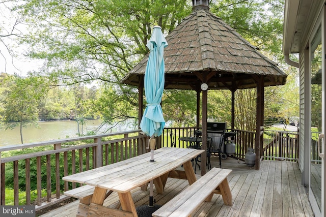 3259 Chrisland Dr, Annapolis, MD 21403 - wooden deck with outdoor dining space, a water view, and a gazebo