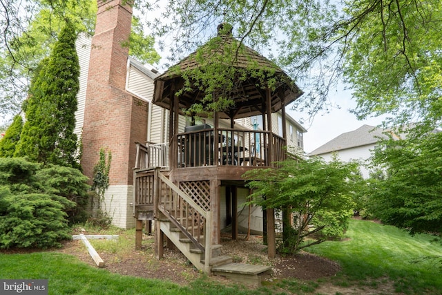 3259 Chrisland Dr, Annapolis, MD 21403 - back of property with a gazebo, a chimney, a lawn, a wooden deck, and stairway