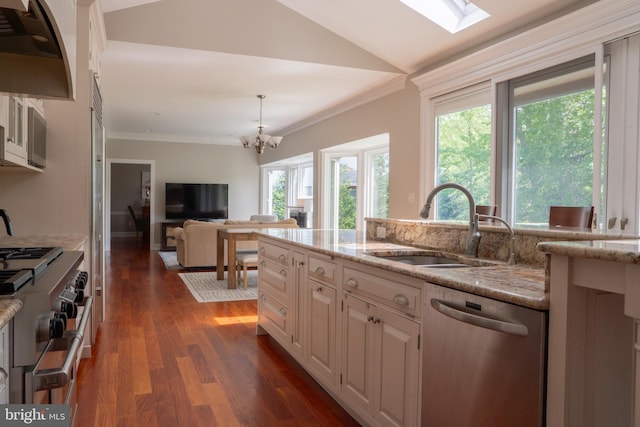 3259 Chrisland Dr, Annapolis, MD 21403 - kitchen featuring stainless steel appliances, extractor fan, a chandelier, dark wood finished floors, and ornamental molding