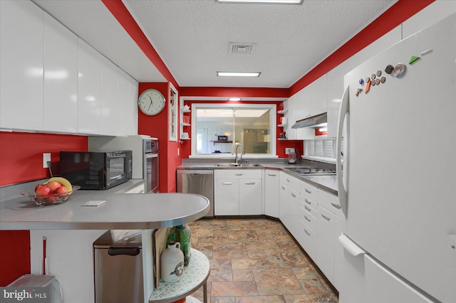 1134 William St, State College, PA 16801 - kitchen featuring stainless steel appliances, stone finish floors, white cabinetry, a peninsula, and a textured ceiling