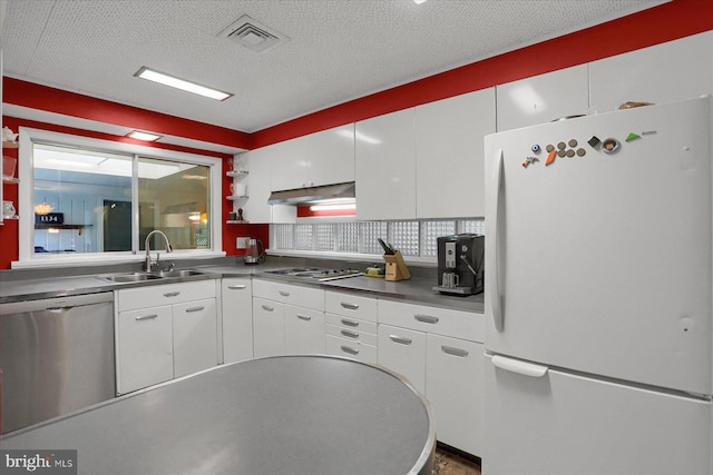 1134 William St, State College, PA 16801 - kitchen with freestanding refrigerator, stainless steel dishwasher, under cabinet range hood, cooktop, and white cabinets