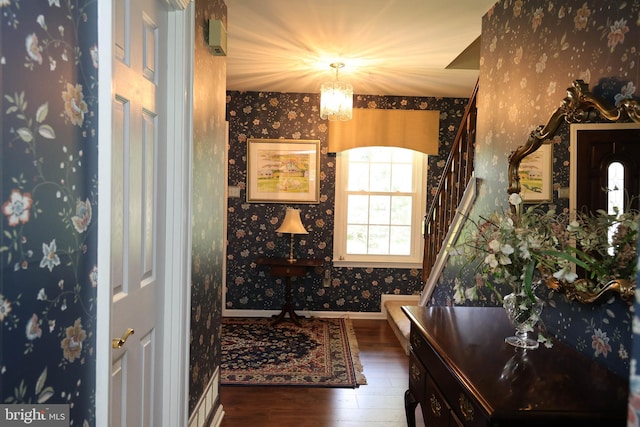 2050 Creek Way, Lansdale, PA 19446 - foyer with wallpapered walls, wood finished floors, a chandelier, and stairs