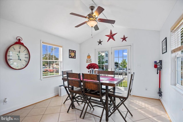 8255 Longpoint Rd, Baltimore, MD 21222 - dining area featuring light tile patterned floors, healthy amount of natural light, vaulted ceiling, and ceiling fan