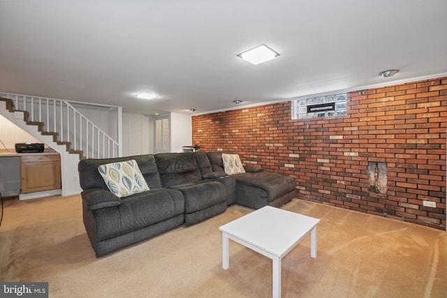 1931 Edgewood Rd, Towson, MD 21286 - carpeted living area with brick wall and stairs