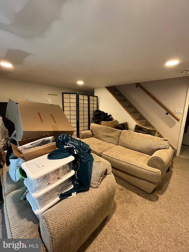 129 Laureba Ave, Stratford, NJ 08084 - carpeted living area featuring stairs and recessed lighting