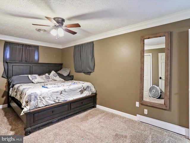 15 Nightingale St, Keyser, WV 26726 - carpeted bedroom with crown molding, ceiling fan, a baseboard heating unit, and a textured ceiling