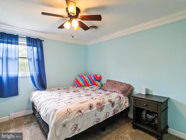 15 Nightingale St, Keyser, WV 26726 - carpeted bedroom featuring a baseboard radiator, crown molding, and a ceiling fan