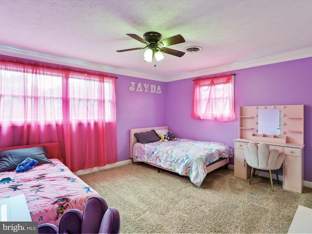15 Nightingale St, Keyser, WV 26726 - carpeted bedroom with crown molding, a textured ceiling, and a ceiling fan