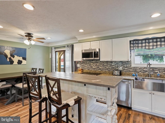 15 Nightingale St, Keyser, WV 26726 - kitchen featuring stainless steel appliances, plenty of natural light, ornamental molding, white cabinets, and a breakfast bar