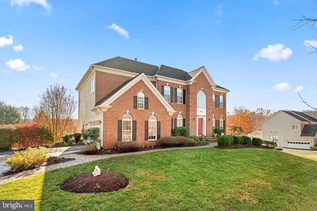 7904 Windsor Knoll Ln, Laytonsville, MD 20882 - colonial-style house with brick siding, a front lawn, driveway, and a garage