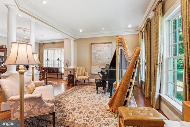 9858 Palace Green Way, Vienna, VA 22181 - living area featuring ornate columns, wood finished floors, ornamental molding, and recessed lighting