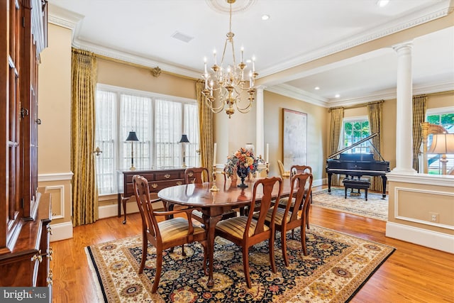 9858 Palace Green Way, Vienna, VA 22181 - dining area featuring ornate columns, a chandelier, light wood-type flooring, ornamental molding, and recessed lighting