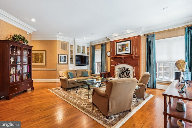 9858 Palace Green Way, Vienna, VA 22181 - living room with a fireplace, crown molding, and wood finished floors