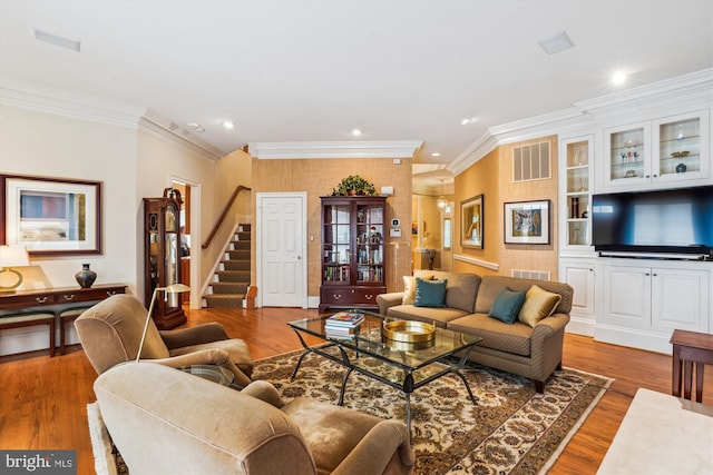 9858 Palace Green Way, Vienna, VA 22181 - living room with ornamental molding, stairs, wood finished floors, and recessed lighting