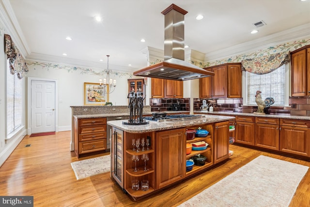 9858 Palace Green Way, Vienna, VA 22181 - kitchen featuring open shelves, stainless steel gas cooktop, island exhaust hood, plenty of natural light, and crown molding