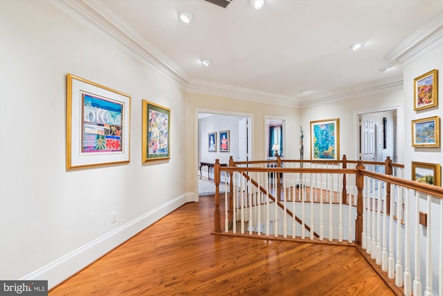 9858 Palace Green Way, Vienna, VA 22181 - hall with an upstairs landing, wood finished floors, ornamental molding, and recessed lighting