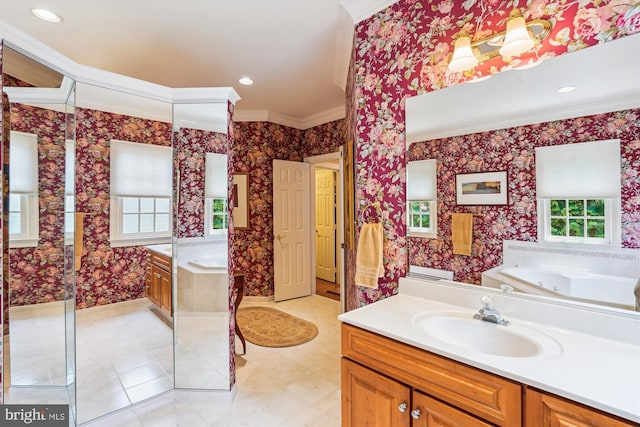 9858 Palace Green Way, Vienna, VA 22181 - bathroom featuring ornamental molding, a jetted tub, wallpapered walls, vanity, and recessed lighting