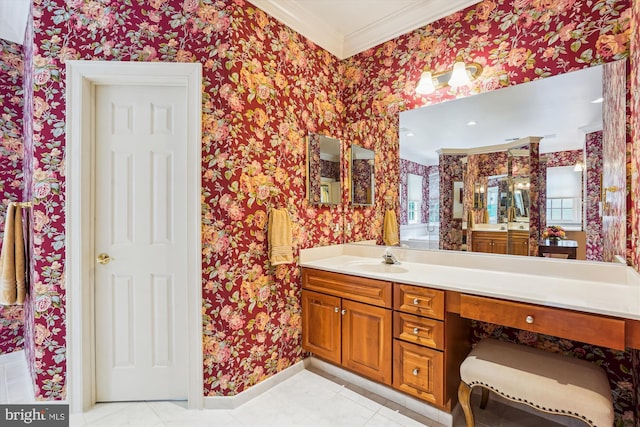9858 Palace Green Way, Vienna, VA 22181 - full bath featuring wallpapered walls, crown molding, vanity, and tile patterned flooring