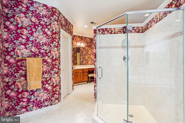9858 Palace Green Way, Vienna, VA 22181 - bathroom featuring crown molding, wallpapered walls, vanity, and a shower stall