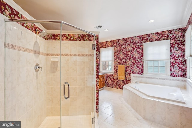 9858 Palace Green Way, Vienna, VA 22181 - bathroom with ornamental molding, healthy amount of natural light, a garden tub, a shower stall, and tile patterned flooring