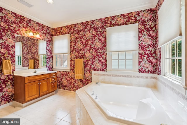9858 Palace Green Way, Vienna, VA 22181 - bathroom featuring vanity, a bath, crown molding, wallpapered walls, and tile patterned floors
