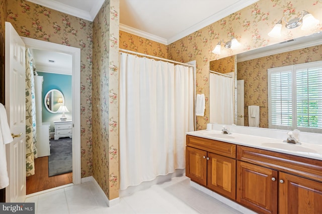 9858 Palace Green Way, Vienna, VA 22181 - full bath featuring ornamental molding, tile patterned floors, double vanity, curtained shower, and wallpapered walls