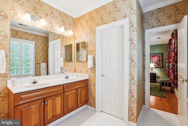 9858 Palace Green Way, Vienna, VA 22181 - full bathroom featuring ornamental molding, tile patterned floors, and double vanity