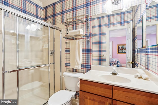 9858 Palace Green Way, Vienna, VA 22181 - ensuite bathroom with vanity, wallpapered walls, and a shower stall