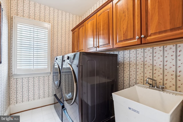 9858 Palace Green Way, Vienna, VA 22181 - washroom featuring wallpapered walls, independent washer and dryer, and cabinet space