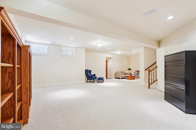 9858 Palace Green Way, Vienna, VA 22181 - living area featuring light colored carpet, recessed lighting, and stairs