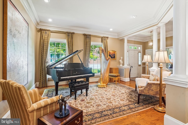 9858 Palace Green Way, Vienna, VA 22181 - living area with decorative columns, wood finished floors, crown molding, and recessed lighting