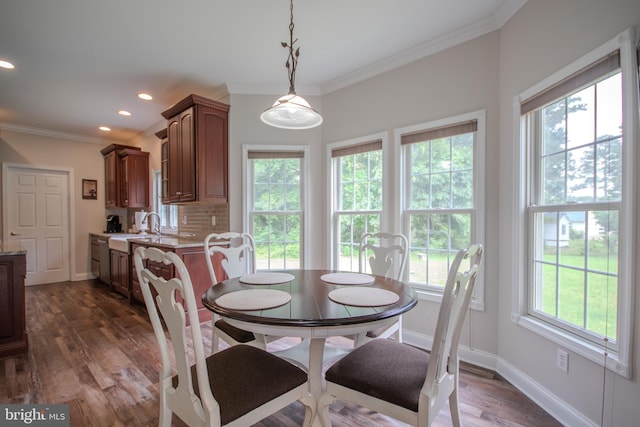 26294 Evesboro Ln, Eden, MD 21822 - dining space featuring crown molding, dark wood finished floors, and recessed lighting