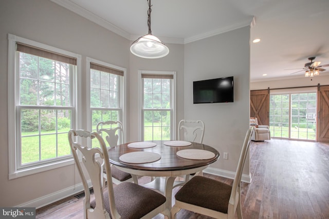 26294 Evesboro Ln, Eden, MD 21822 - dining area featuring ornamental molding, light wood-style floors, ceiling fan, and recessed lighting