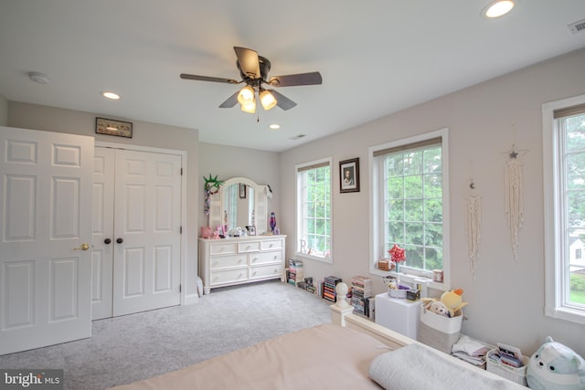 26294 Evesboro Ln, Eden, MD 21822 - carpeted bedroom with recessed lighting, a closet, and a ceiling fan