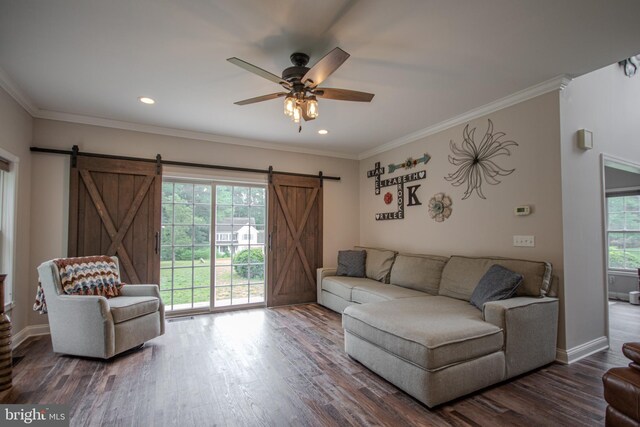 26294 Evesboro Ln, Eden, MD 21822 - living room featuring a barn door, wood finished floors, ceiling fan, ornamental molding, and recessed lighting
