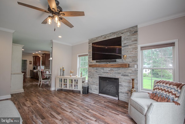26294 Evesboro Ln, Eden, MD 21822 - living area featuring crown molding, a ceiling fan, wood finished floors, a fireplace, and recessed lighting