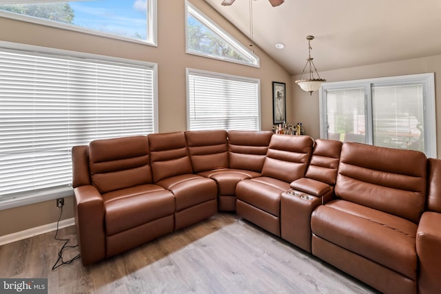94 E Oak Ave, Lawnside, NJ 08045 - living area with wood finished floors, ceiling fan, and high vaulted ceiling
