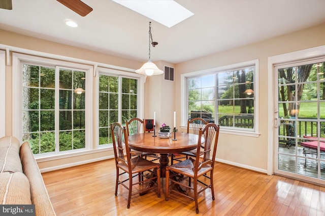 3010 Phyllmar Pl, Oakton, VA 22124 - dining room featuring a skylight, light wood-style flooring, and ceiling fan