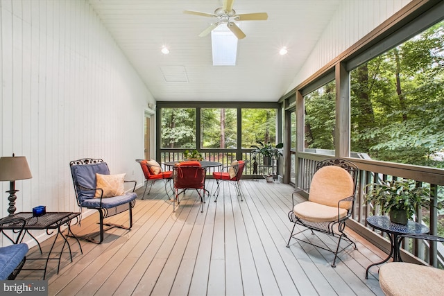 3010 Phyllmar Pl, Oakton, VA 22124 - sunroom with ceiling fan, outdoor dining area, lofted ceiling, and a skylight
