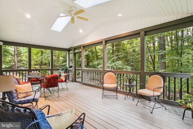 3010 Phyllmar Pl, Oakton, VA 22124 - sunroom with a skylight, outdoor dining area, ceiling fan, and vaulted ceiling