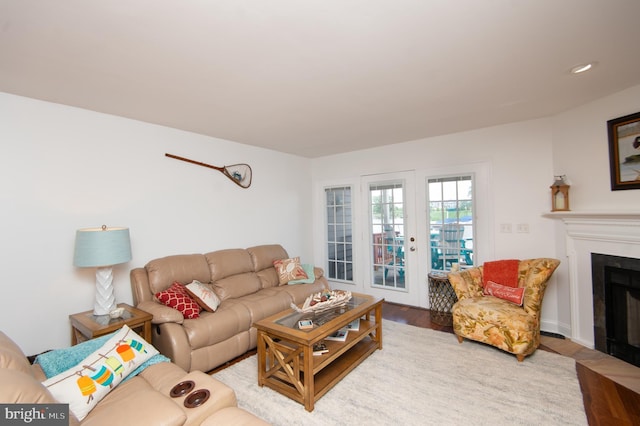 101 Main St Unit 115, Secretary, MD 21664 - living area featuring wood finished floors, a fireplace with flush hearth, and recessed lighting