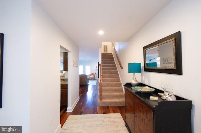 101 Main St Unit 115, Secretary, MD 21664 - corridor featuring dark wood-type flooring, stairs, and recessed lighting