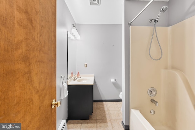 136 Main St, Red Hill, PA 18076 - full bathroom with vanity, a baseboard radiator, bathtub / shower combination, and tile patterned floors
