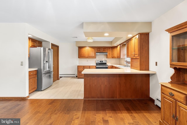 136 Main St, Red Hill, PA 18076 - kitchen featuring stainless steel appliances, under cabinet range hood, a baseboard heating unit, a peninsula, and light wood-style floors