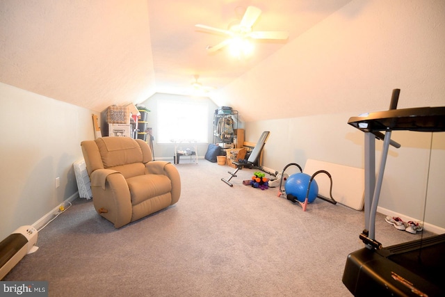 21481 Indian Bridge Rd, California, MD 20619 - living area featuring lofted ceiling, carpet flooring, a baseboard heating unit, and a ceiling fan