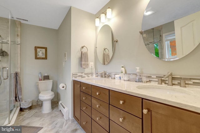 500 S Lexington St, Arlington, VA 22204 - full bathroom featuring a baseboard radiator, double vanity, a stall shower, and decorative backsplash