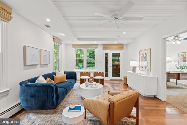 411 E Bellefonte Ave, Alexandria, VA 22301 - living room with a baseboard heating unit, wood-type flooring, ceiling fan, recessed lighting, and wood ceiling