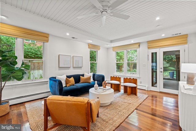 411 E Bellefonte Ave, Alexandria, VA 22301 - living room with a baseboard heating unit, baseboard heating, hardwood / wood-style flooring, wood ceiling, and a ceiling fan