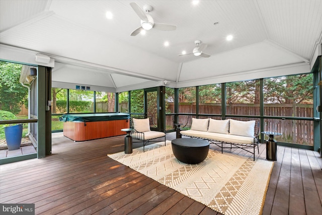 411 E Bellefonte Ave, Alexandria, VA 22301 - sunroom / solarium with a jacuzzi, ceiling fan, vaulted ceiling, and an outdoor living space