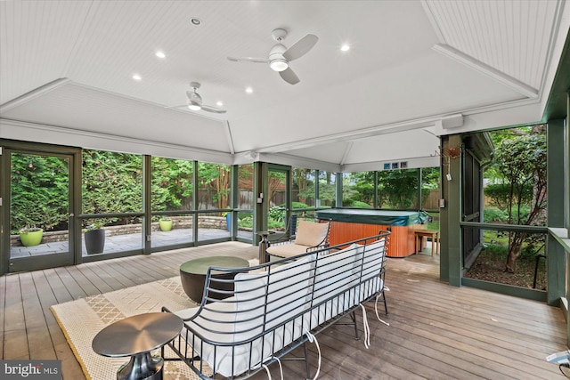 411 E Bellefonte Ave, Alexandria, VA 22301 - sunroom featuring a hot tub, a ceiling fan, plenty of natural light, and lofted ceiling